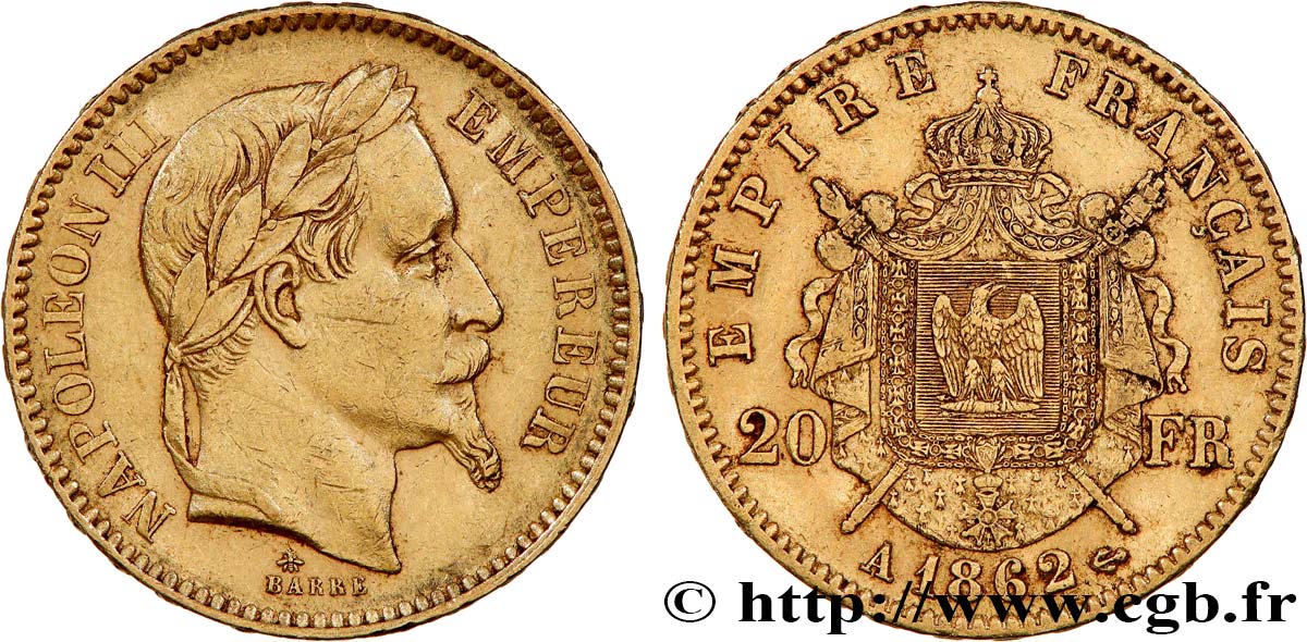 20 francs or Napoléon III, tête laurée, grand A 1862 Paris F.532/4 BB 