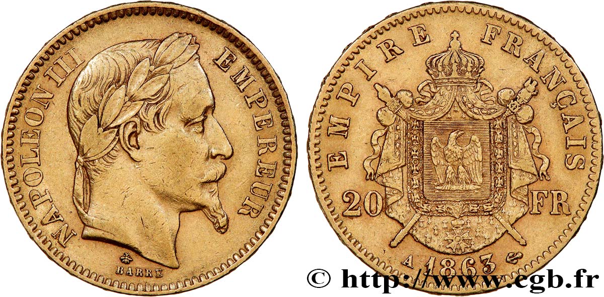 20 francs or Napoléon III, tête laurée 1863 Paris F.532/6 TTB 