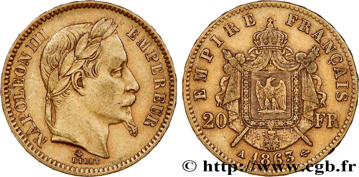 20 francs or Napoléon III, tête laurée 1863 Paris F.532/6 TTB 