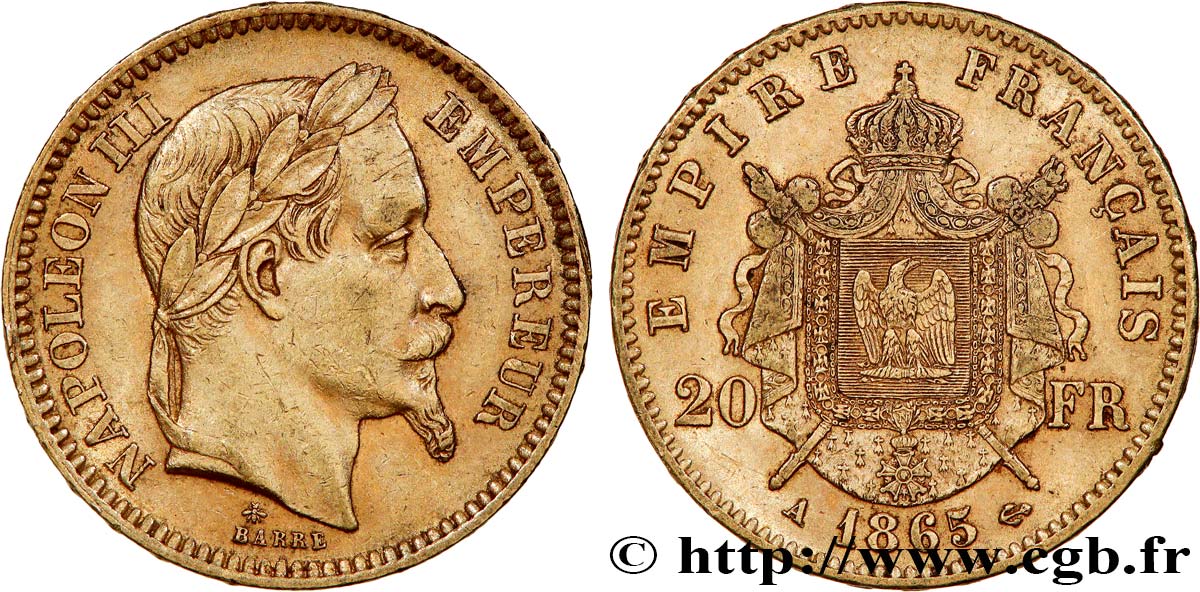 20 francs or Napoléon III, tête laurée 1865 Paris F.532/11 XF 
