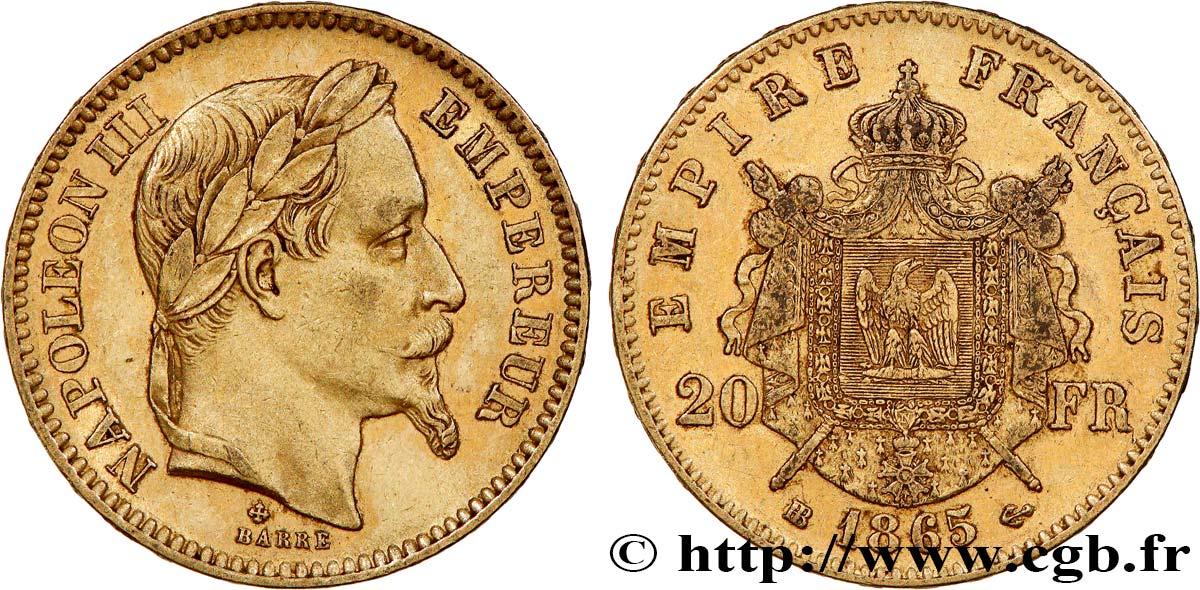 20 francs or Napoléon III, tête laurée 1865 Strasbourg F.532/12 SS 