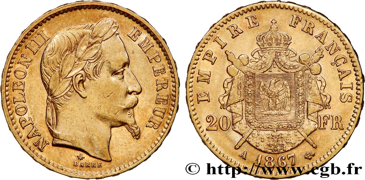 20 francs or Napoléon III, tête laurée 1867 Paris F.532/15 TTB+ 