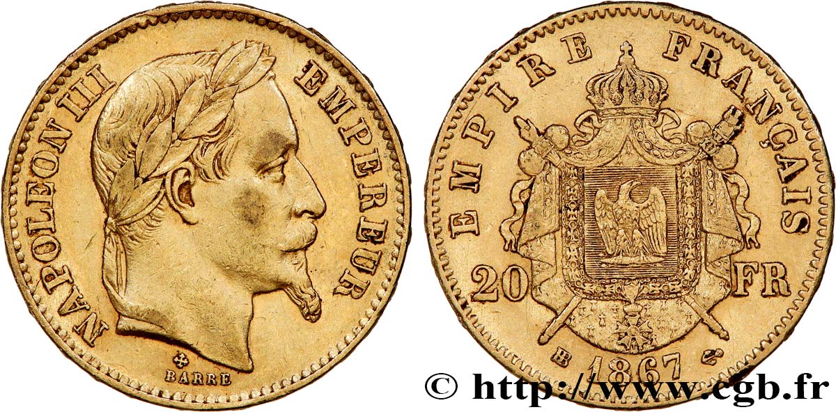 20 francs or Napoléon III, tête laurée 1867 Strasbourg F.532/16 TTB 