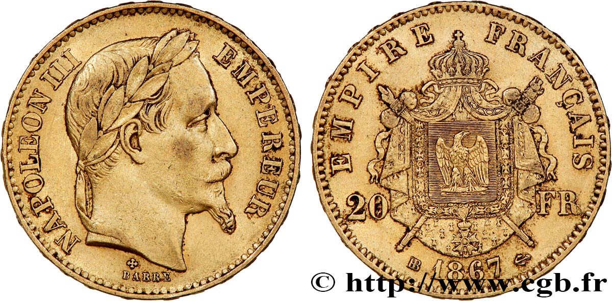 20 francs or Napoléon III, tête laurée 1867 Strasbourg F.532/16 MBC 