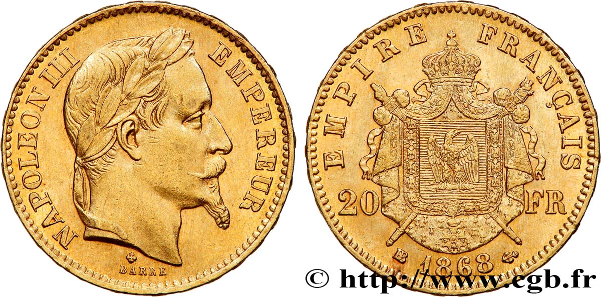 20 francs or Napoléon III, tête laurée 1868 Strasbourg F.532/19 SUP55 