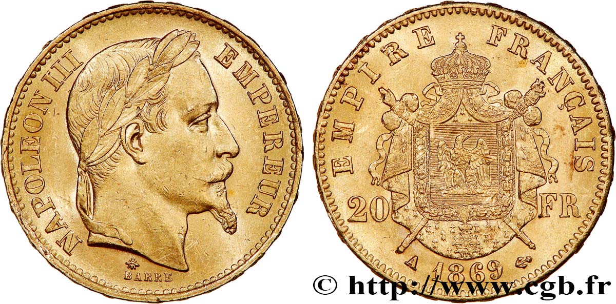 20 francs or Napoléon III, tête laurée 1869 Paris F.532/20 AU 