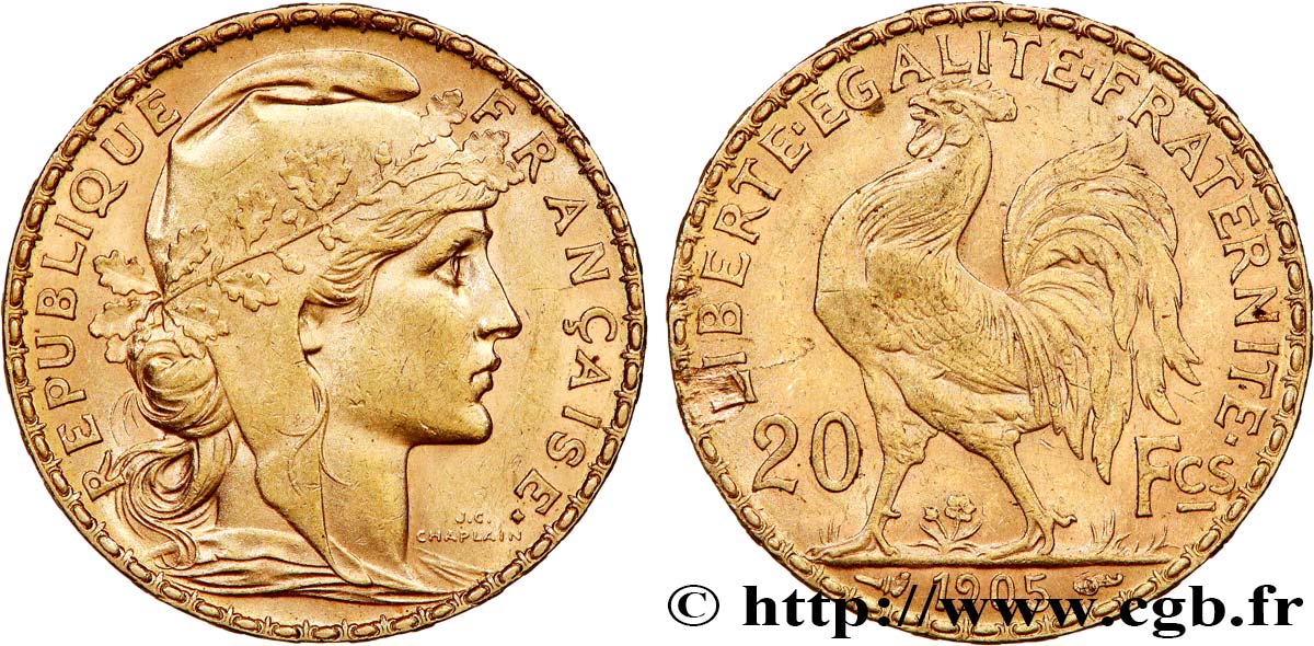 20 francs or Coq, Dieu protège la France 1905 Paris F.534/10 AU 