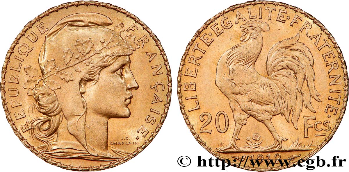 20 francs or Coq, Liberté Égalité Fraternité 1912 Paris F.535/6 SUP+ 