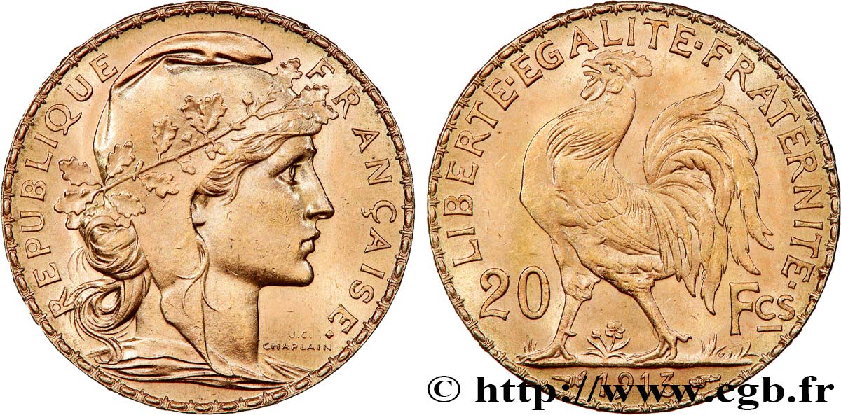 20 francs or Coq, Liberté Égalité Fraternité 1913 Paris F.535/7 EBC+ 