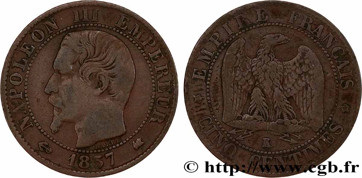 Cinq centimes Napoléon III, tête nue 1857 Bordeaux F.116/41 TB 
