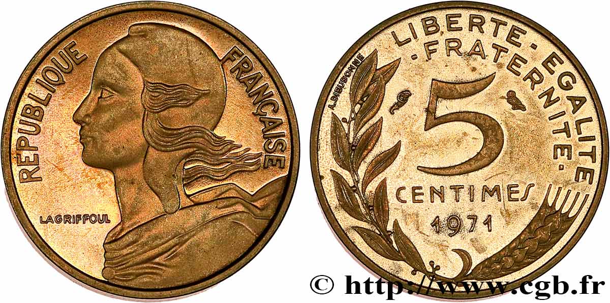 Piéfort Br-Al de 5 centimes Marianne 1971 Paris GEM.22 P1 SC 
