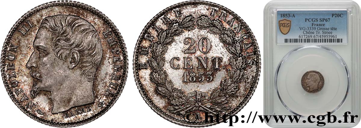 Épreuve de 20 centimes Napoléon III, grosse tête, couronne composite de chêne et de laurier 1853 Paris VG.3339  ST67 PCGS