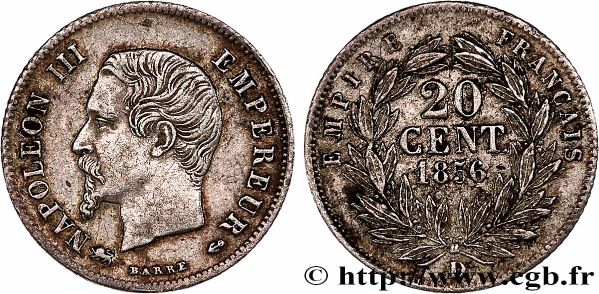 20 centimes Napoléon III, tête nue 1856 Lyon F.148/6 TTB45 