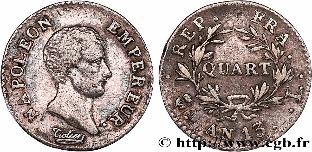Quart (de franc) Napoléon Empereur, Calendrier révolutionnaire 1805 Limoges F.158/11 TB 