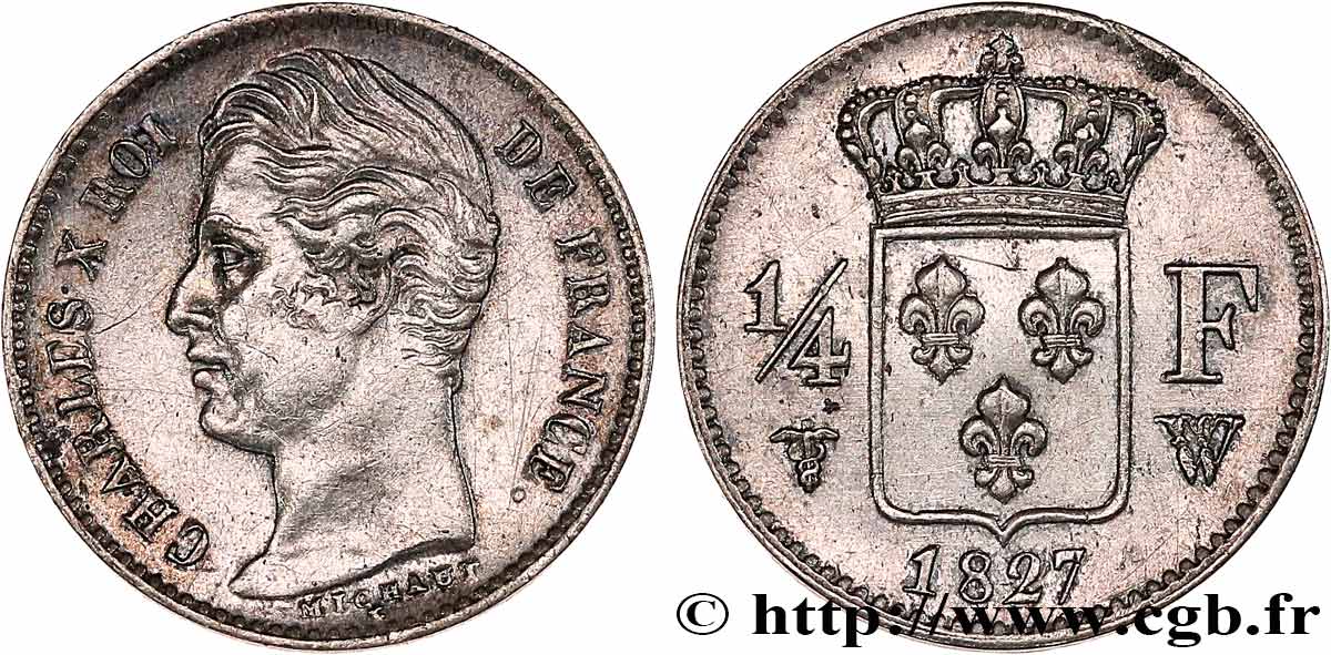 1/4 franc Charles X 1827 Lille F.164/17 TTB+ 