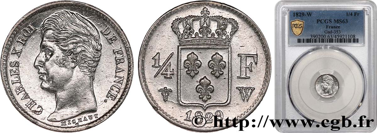 1/4 franc Charles X 1829 Lille F.164/38 MS63 PCGS