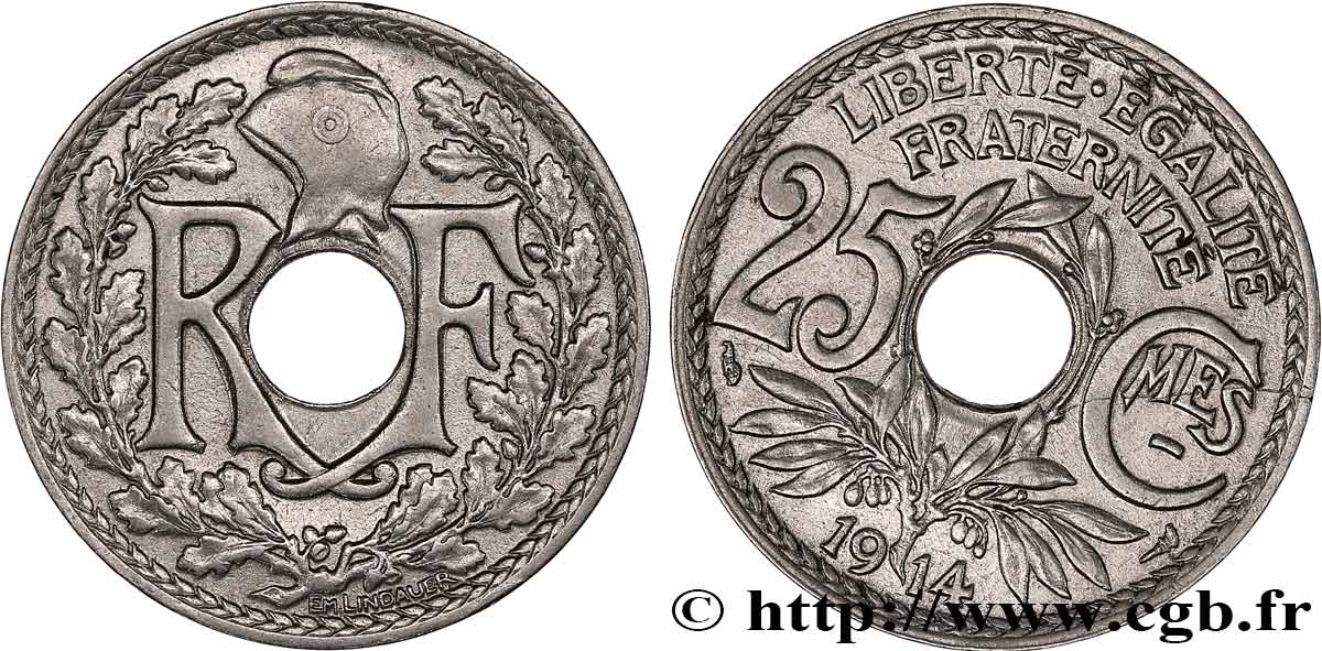 25 centimes Lindauer, Cmes souligné, FAUTÉ coins tournés à 1h 1914  F.170/2 var. TTB 