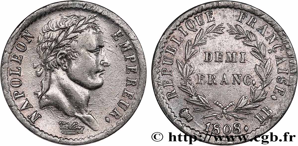 Demi-franc Napoléon Ier tête laurée, République française, buste fin 1808 Strasbourg F.177/4 TTB 