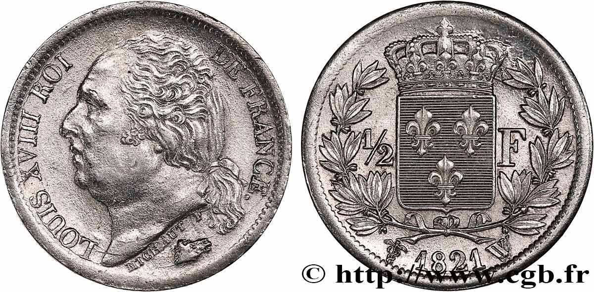 1/2 franc Louis XVIII 1821 Lille F.179/29 MS60 