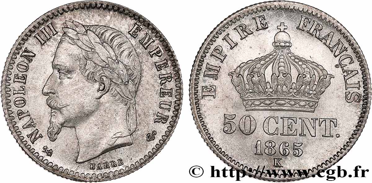 50 centimes Napoléon III, tête laurée 1865 Bordeaux F.188/8 EBC62 