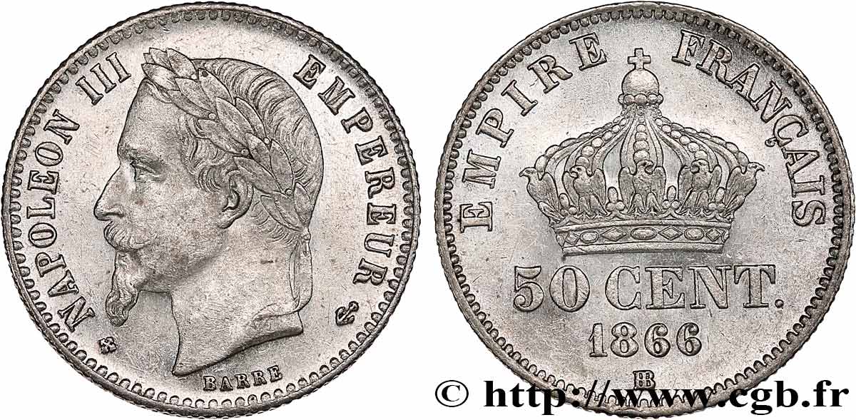 50 centimes Napoléon III, tête laurée 1866 Strasbourg F.188/10 AU55 