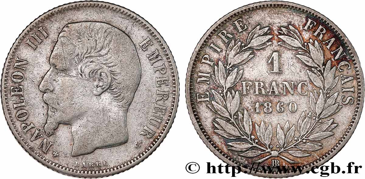 1 franc Napoléon III, tête nue 1860 Strasbourg F.214/18 TB 