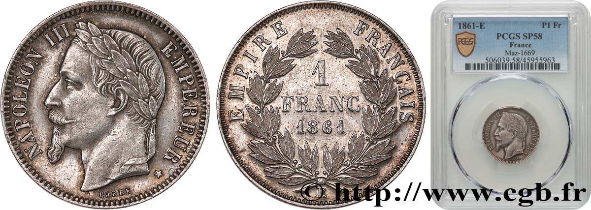 Essai 1 franc Napoléon III, tête laurée, revers couronne d’olivier, par Barre 1861 Paris VG.3582  VZ58 PCGS