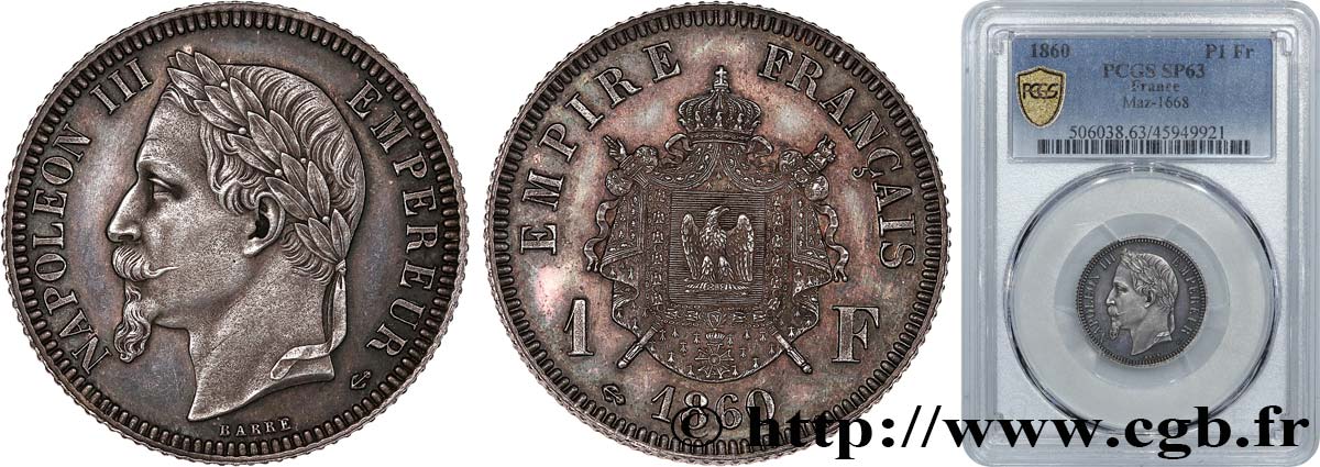 Essai flan bruni 1 franc Napoléon III, tête laurée par Barre 1860 Paris Maz.1668  MS63 PCGS