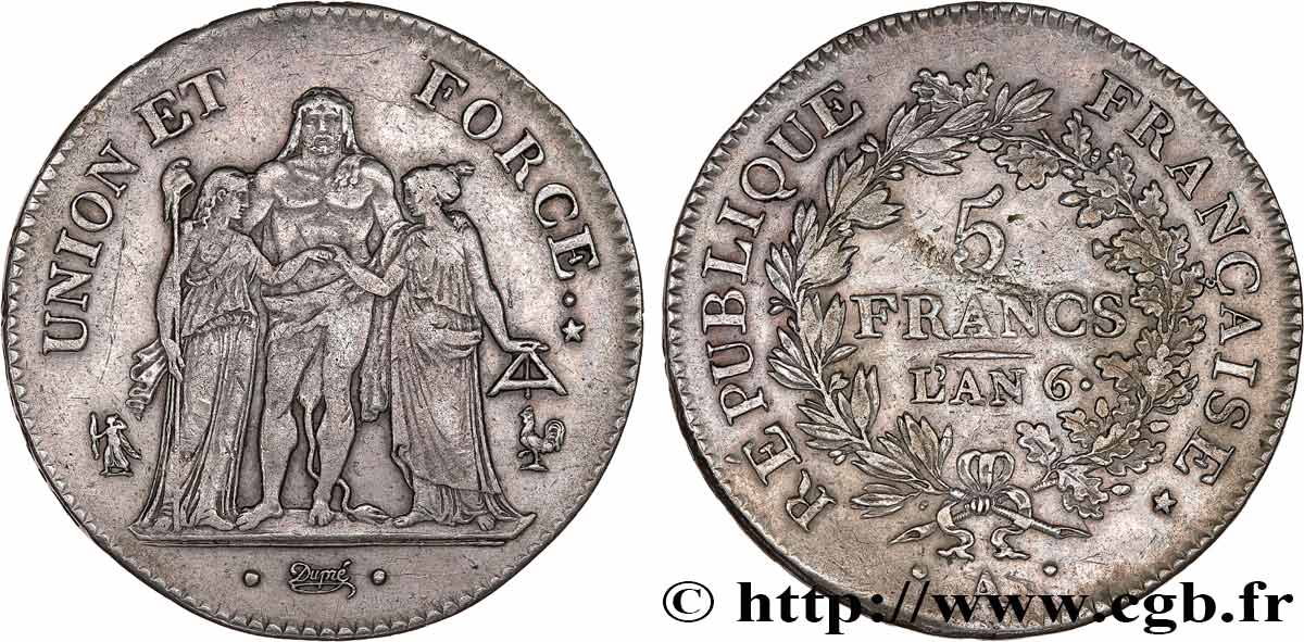 5 francs Union et Force, Union serré, avec glands intérieurs et gland extérieur 1798 Paris F.288/13 TTB45 