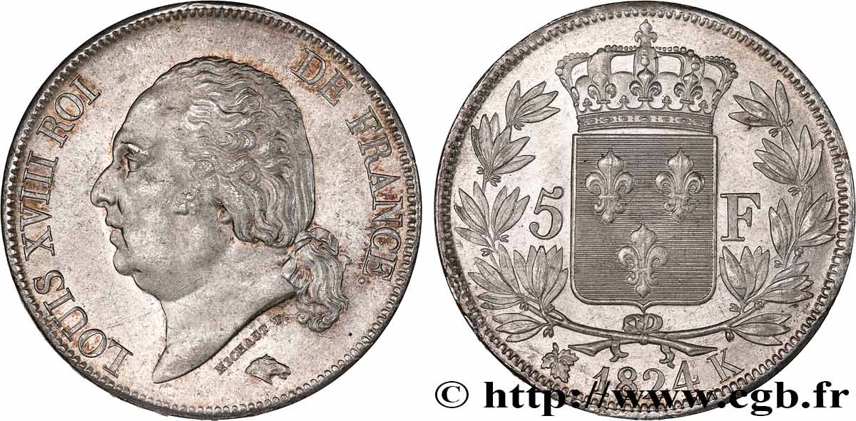 5 francs Louis XVIII, tête nue 1824 Bordeaux F.309/93 MS61 
