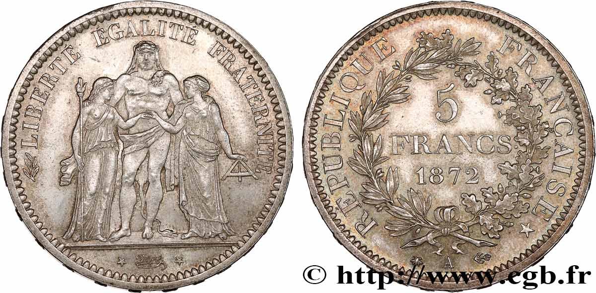 5 francs Hercule, Petites étoiles 1872 Paris F.334/7 MS62 