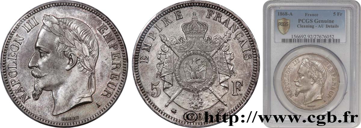 5 francs Napoléon III, tête laurée 1868 Paris F.331/12 SUP PCGS