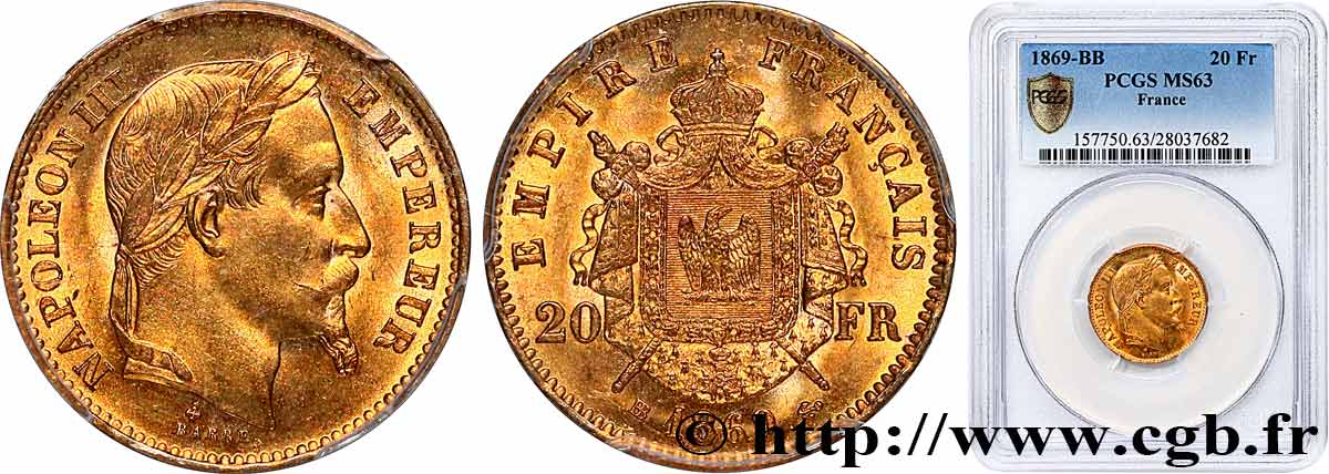 20 francs or Napoléon III, tête laurée, petit BB 1869 Strasbourg F.532/21 fST63 PCGS