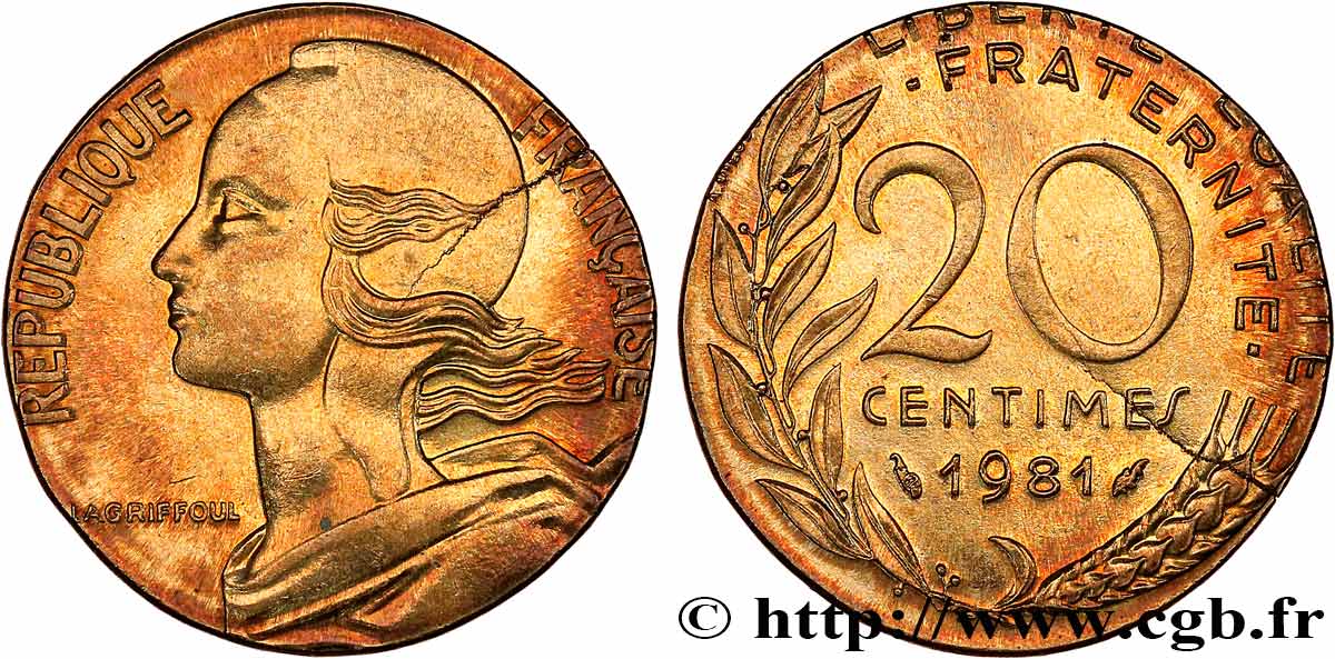 20 centimes Marianne, frappe fautée sur flan de 10 centimes Marianne 1981 Pessac F.156/21 var. SC 