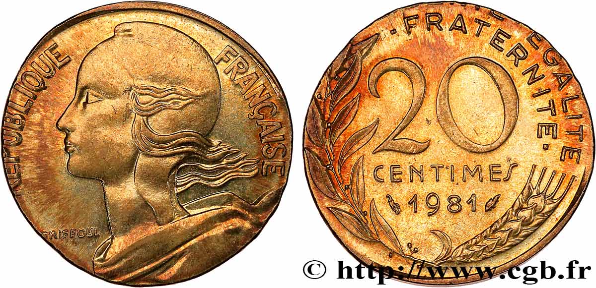 20 centimes Marianne, frappe fautée sur flan de 10 centimes Marianne 1981 Pessac F.156/21 var. MS 