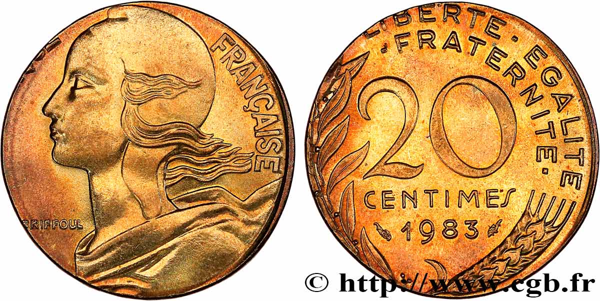 20 centimes Marianne, frappe fautée sur flan de 10 centimes Marianne 1983 Pessac F.156/23 var. SPL 