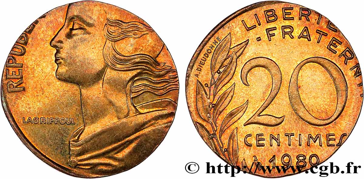 20 centimes Marianne, frappe fautée sur flan de 5 centimes Marianne 1980 Pessac F.156/20 var. SPL+ 