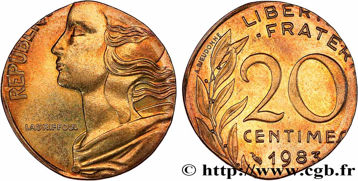 20 centimes Marianne, frappe fautée sur flan de 5 centimes Marianne 1983 Pessac F.156/23 var. MS 