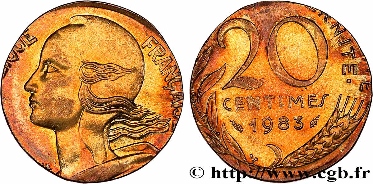 20 centimes Marianne, frappe fautée sur flan de 5 centimes Marianne 1983 Pessac F.156/23 var. EBC+ 
