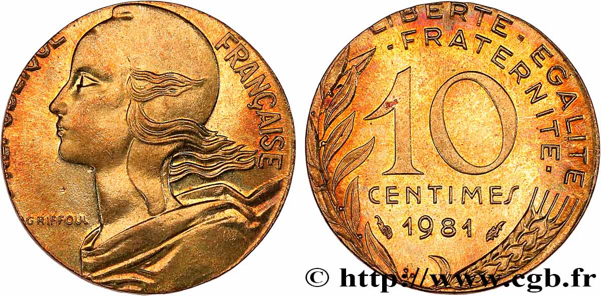 10 centimes Marianne, fautée frappée sur un flan de 5 centimes 1981 Pessac F.144/21 var. SPL 