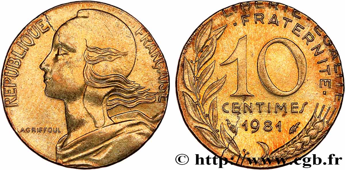 10 centimes Marianne, fautée frappée sur un flan de 5 centimes 1981 Pessac F.144/21 var. SUP+ 
