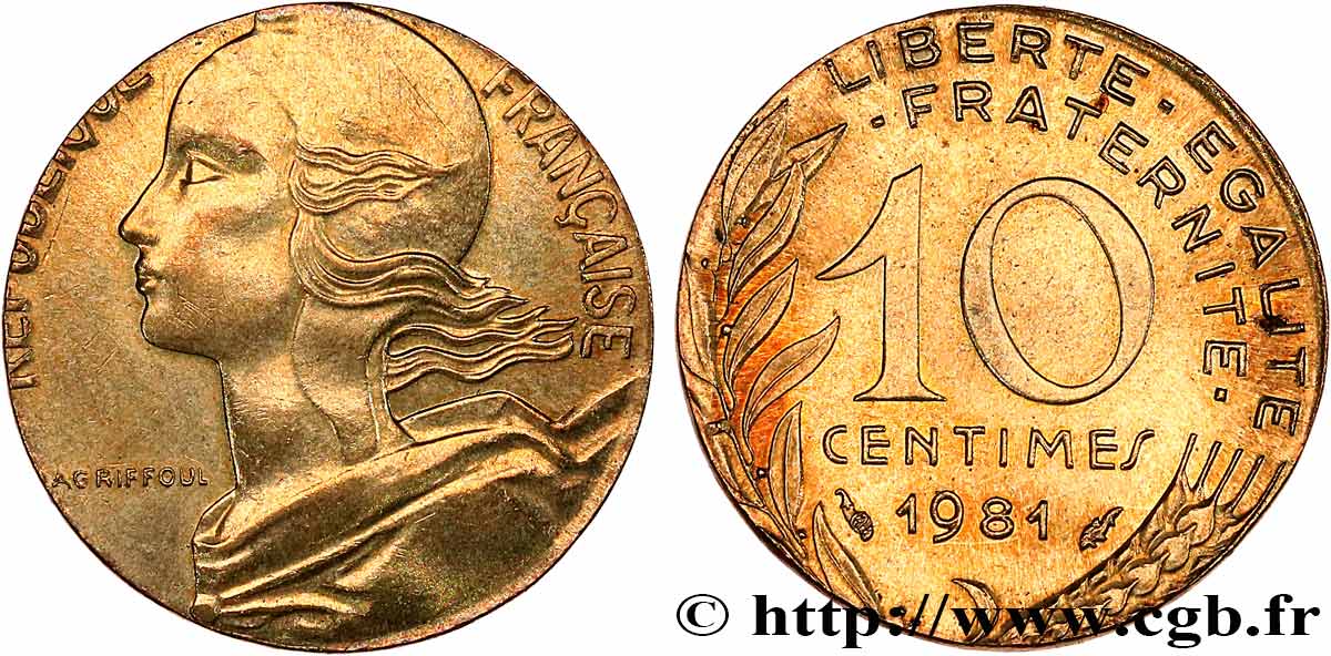 10 centimes Marianne, fautée frappée sur un flan de 5 centimes 1981 Pessac F.144/21 var. fST 