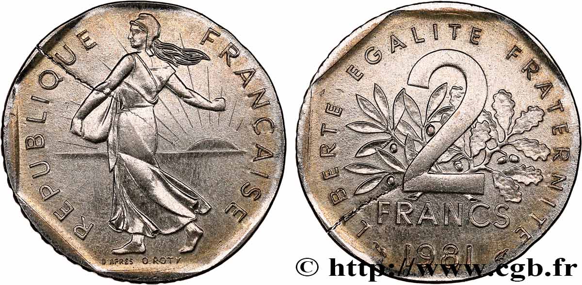 2 francs Semeuse, fauté erreur de flan 1981 Pessac F.272/5 var. SUP 
