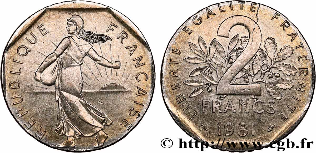 2 francs Semeuse, fauté erreur de flan 1981 Pessac F.272/5 var. AU 