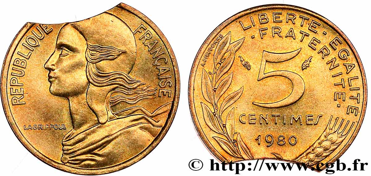 5 centimes Marianne, Fauté Flan Clipé 1980  F.125/16 var. SPL 