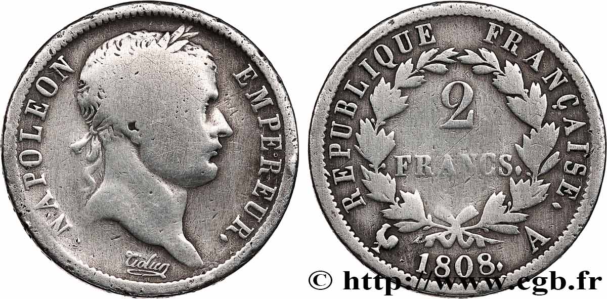 2 francs Napoléon Ier tête laurée, République française 1808 Paris F.254/4 F 