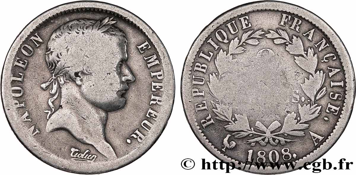2 francs Napoléon Ier tête laurée, République française 1808 Paris F.254/4 VG 