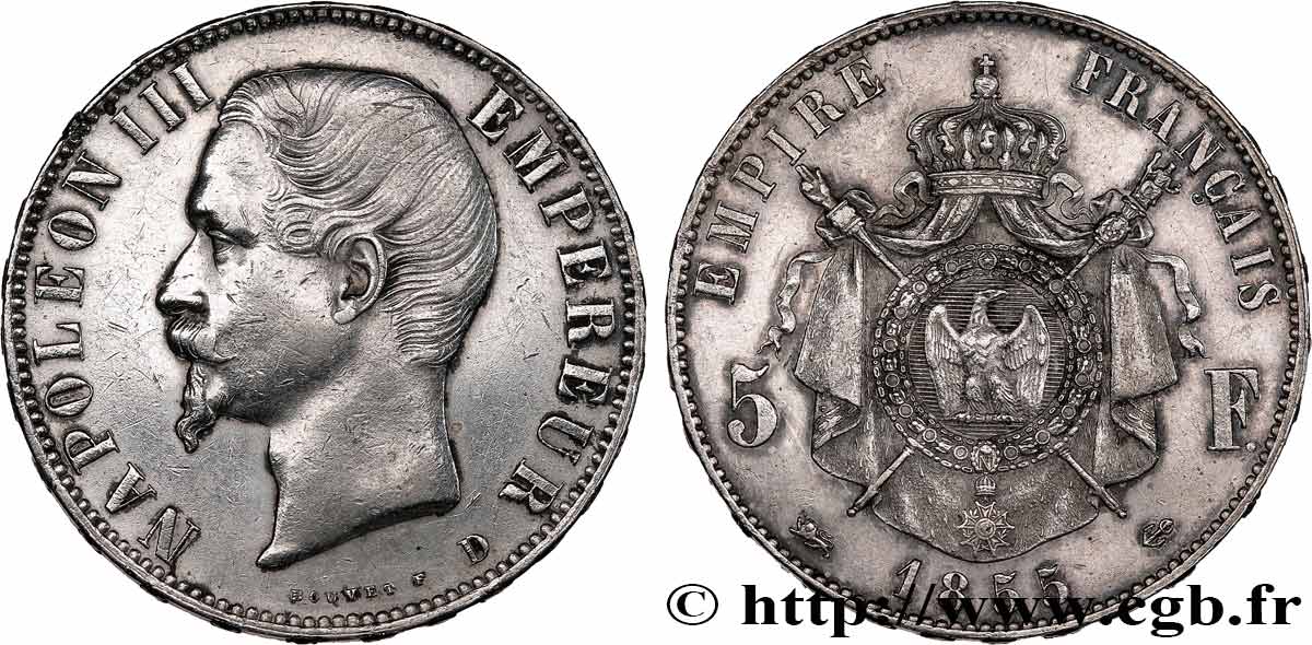 5 francs Napoléon III, tête nue 1855 Lyon F.330/5 MBC+ 