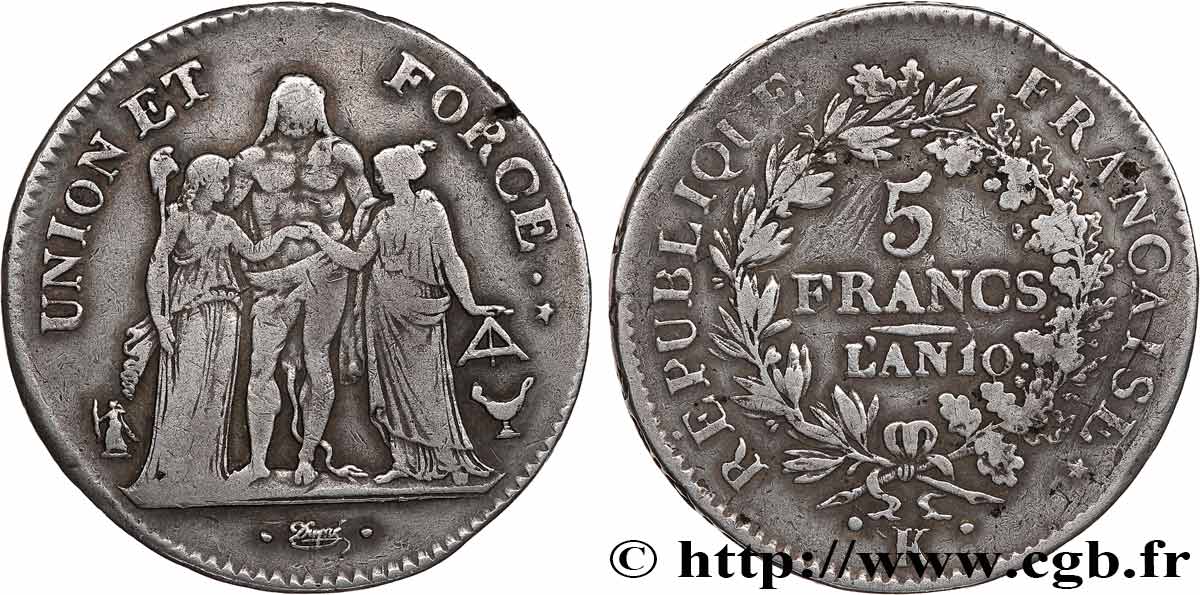 5 francs Union et Force, Union serré, seulement glands intérieurs 1802 Bordeaux F.288/176 BC 