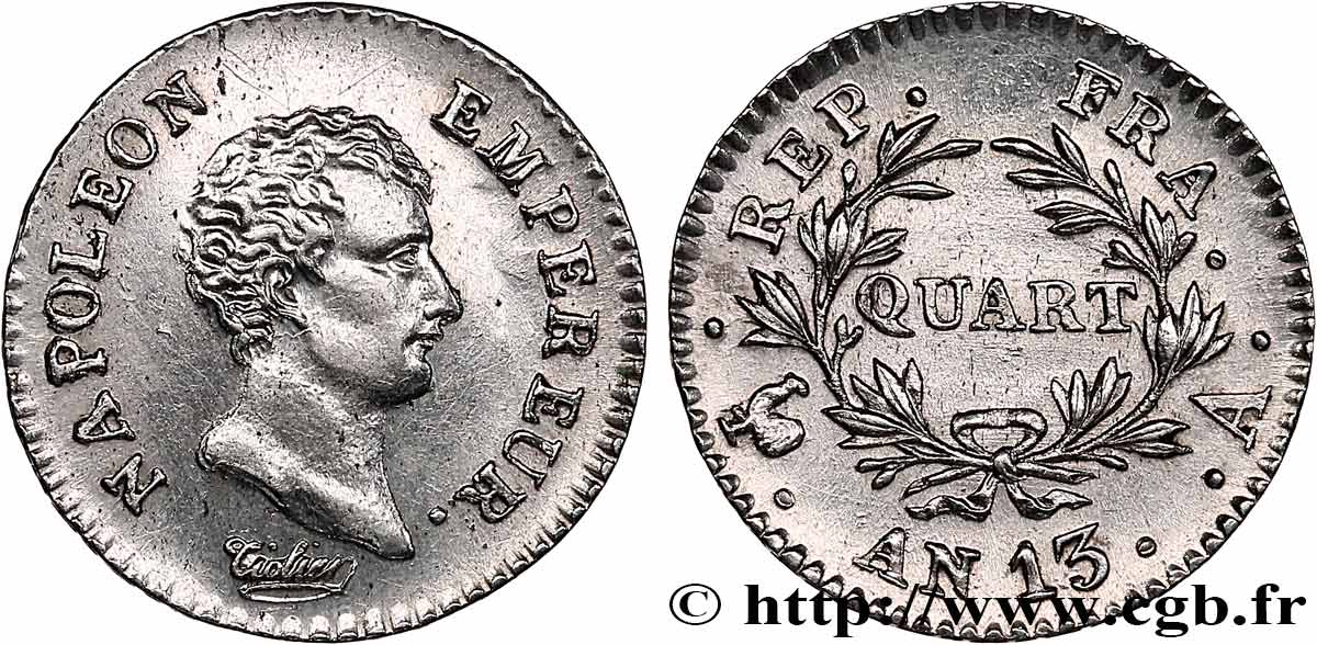 Quart (de franc) Napoléon Empereur, Calendrier révolutionnaire 1805 Paris F.158/8 TTB+ 